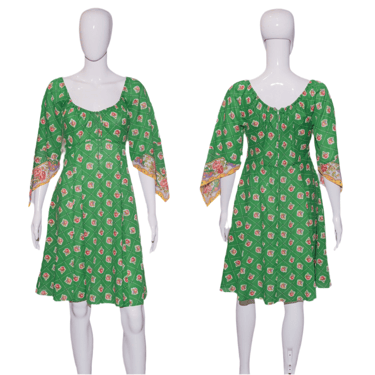 1970's Green Hippie Handkerchief Dress - Size M