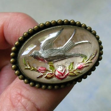 Victorian Reverse Painted Goofus Glass Bird Brooch Pin; Goofus Glass Bird Pin, Mercury Glass Pin (#4419) 