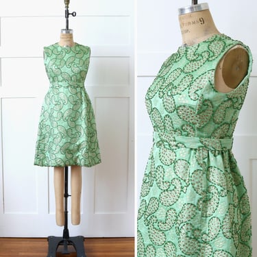 vintage 1960s beaded green silk dress • sequined mod formal sleeveless dress • mint green brocade 