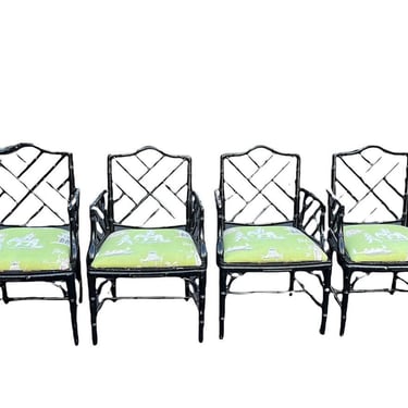 Set of four vintage faux bamboo arm chairs with upholstered seats 