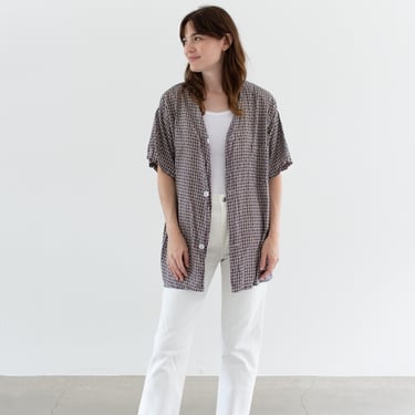 Vintage Patterned Button Front Short Sleeve Shirt | Unisex Cotton Pajama Work Tunic | L XL | 