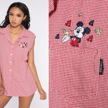 Mickey Mouse Shirt 90s Disney Button Up 1990s Gingham Tank Top Checkered Collared Button Up Top Red Streetwear 26W 