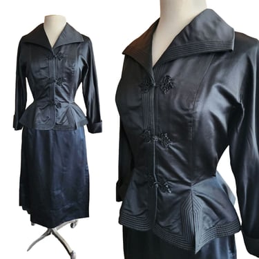 Vintage 50s Black Satin Skirt Suit Chinese Frog Closure Peplum Blazer by Dynasty 