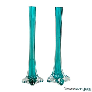 Mid-Century Turquoise Hand Blown Art Glass Soliflore Bud Vases - A Pair