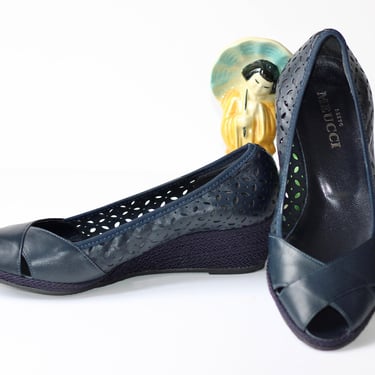 Unworn 1980s Sesto Meucci Laser Cut Navy Blue Leather Braided Cord Wedge Heels - Made in Italy - Women's Shoe Size 6.5 