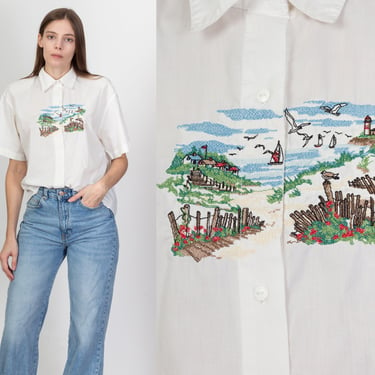 90s White Embroidered Beach Scene Shirt - Small | Vintage Short Sleeve Button Up Collared Top 