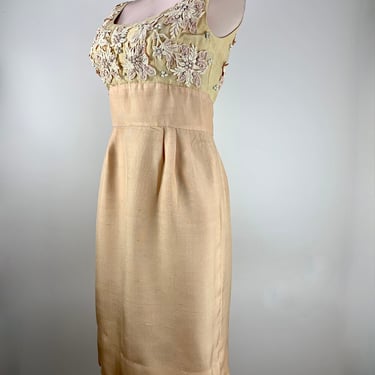 Early 1960's Fitted Cocktail Dress - Beadwork & Lace Details - Empire Waist Wiggle Dress - Size Medium - 28 inch waist 
