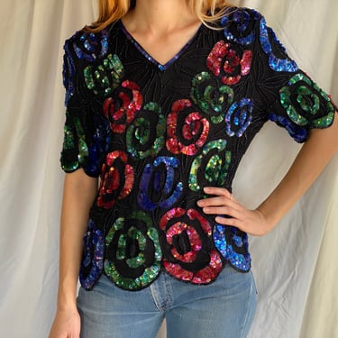 Sequin Silk Blouse / Beaded and Sequined Hot Pink Green Blue Purple Flower and Black Blouse / Stage Wear / High Fashion Designer 