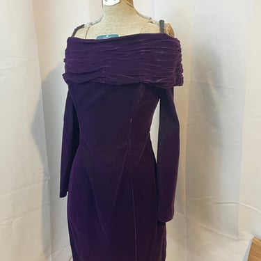 Purple Velvet Off Shoulder Cocktail Mini Dress Bodycon 1990s Vintage Rampage S 