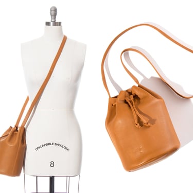 Modern Vintage Style Bucket Bag | BAGGU Deadstock with Tag Brown Leather Drawstring Over the Shoulder Purse 
