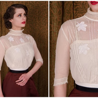 Edwardian Blouse - Antique 1910s Titanic Era Ivory Cotton Net Bodice Blouse with Pintucks and Appliqued Leaves 