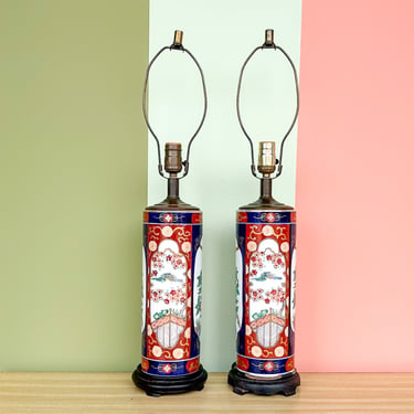 Pair of Red and Blue Chinoiserie Peacock Lamps