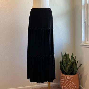 Citi Knits USA Made Vintage Y2K Black Stretchy Ruffled Tiered Midi Skirt Size XL 