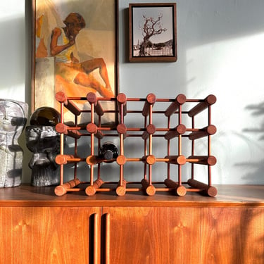 Midcentury Richard Nissen teak wine rack / made in Langaa, Denmark / Danish Modern wooden dowel display for 15+ bottles 
