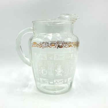 Federal Glass Mid Century Ice Lip Glass Pitcher, 76 oz. White and Gold Decal, Features Vintage Hats, Bicyles, Stove, Glassware, Drinkware 