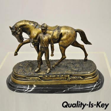 Delaware Park Bronze Equestrian Rider Jockey and Horse Marble Base 12" Sculpture