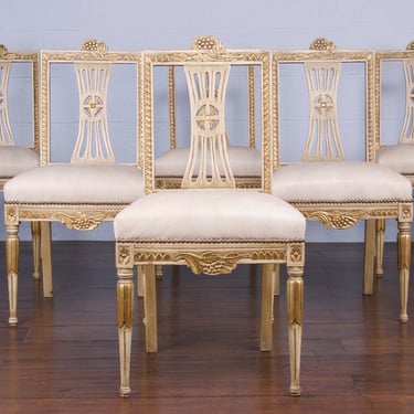 Antique Swedish Gustavian Style Lindome Painted Dining Chairs/ W Beige Leather - Set of 6 
