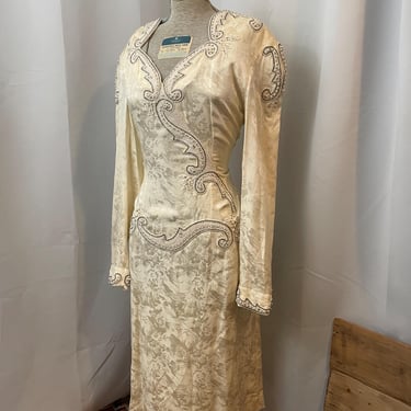 Elopement Dress Alt Bridal Wedding Gown Ivory Silk Beaded Formal Pearls 1980s Vintage M 