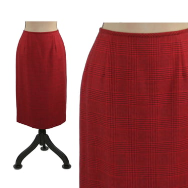 80s Silk + Wool Pencil Skirt Medium, Midi Red Black Plaid Houndstooth Winter Office Wear, 1980s Clothes for Women Vintage CARLISLE Hong Kong 