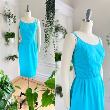 Vintage 1950s 1960s Sundress | 50s 60s Blue Cotton Spaghetti Strap Wiggle Sheath Summer Pin Up Day Dress (small) 