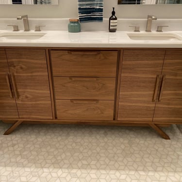 Double Sink Mid Century Style Bathroom Vanity Cabinet in Walnut with Angled Leg Base - Free Shipping! 