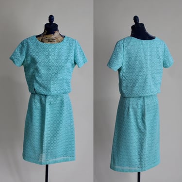1960s Redex Turquoise Blue Lace 2 Piece Blouse and Skirt Set. M/L. By Copperhive Vintage. 