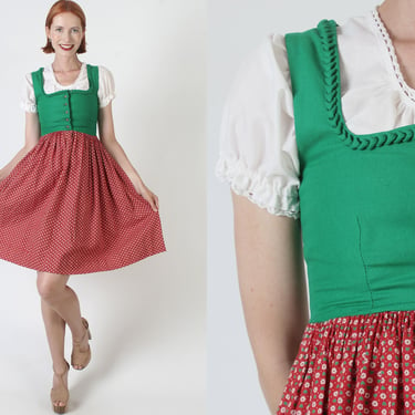 Authentic Oktoberfest Dirndl Dress / Vintage 60s German Waitress Outfit / Traditional Austrian Square Dancing Mini 