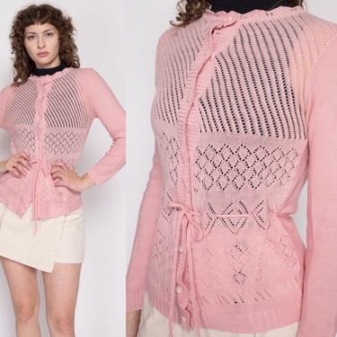 Small 70s Pink Eyelet Knit Sweater Top | Vintage Sheer Open Weave Fitted Drawstring Waist Long Sleeve Shirt 