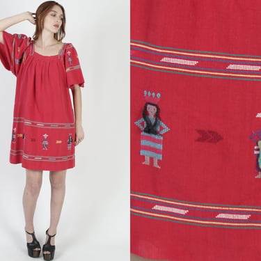 Guatemalan People Heavyweight Dress / Vintage Traditional Mayan Village Print /  Woven Embroidered Ethnic Mini Dress 