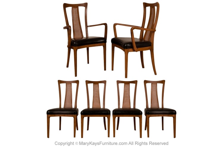 Mid-Century Walnut Cane Back Six Dining Chairs 