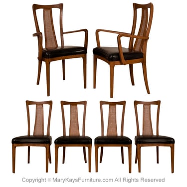 Mid-Century Walnut Cane Back Six Dining Chairs 