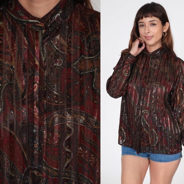 80s Paisley Blouse Metallic Shirt Semi-Sheer Button Up Shirt Long Sleeve Top Party Psychedelic Collar Blouse 1980s Vintage Red Black Medium 