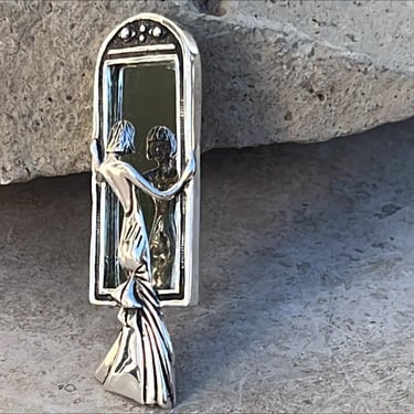 D'Molina ~ Vintage Mexico Sterling Silver Mirror Mirror on the Wall Pin / Brooch Lady in Dress Looking into Mirror 