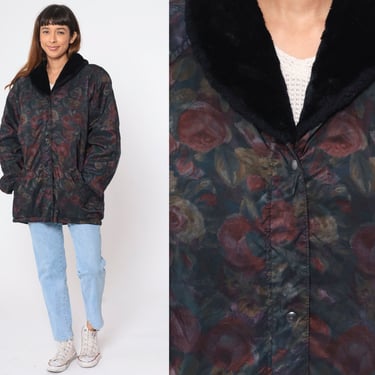 Insulted Floral Jacket 90s Faux Fur Collar Winter Windbreaker Jacket Dark Watercolor Zip Up Retro Puffer Vintage 1990s Oversized Large L 