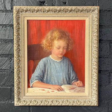 Antique California Portrait Oil Painting of Reading Girl by Wanda Neumann, c.1920’s 