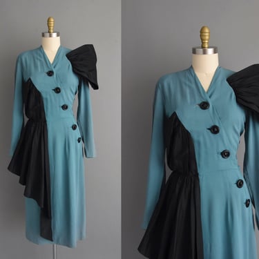 1940s vintage dress | Outstanding Blue & Black Rayon Cocktail Party Dress | Large | 40s dress 