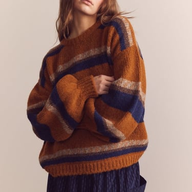 Amente Baby Alpaca Wool Blend Crew Neck Sweater - Amber/Blue