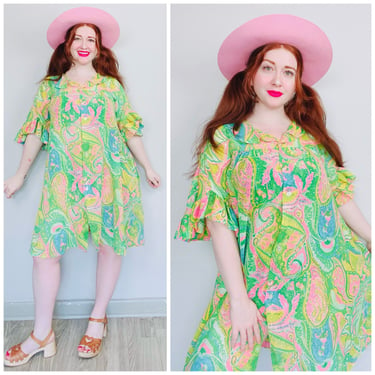 1970s Vintage Elaine Sklar Cotton Psychedelic House Dress / 70s Pink and Green Paisley Ruffled Flare Sleeve Dress / Small - Medium 