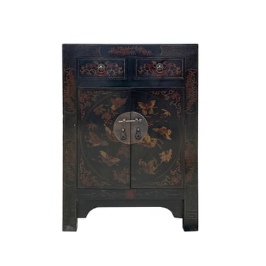 Chinese Distressed Black Copper Butterflies Graphic End Table Nightstand cs7607E 