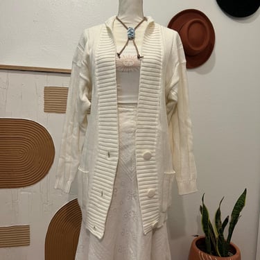 Vintage 90s Cottage White Chunky Knit Button Front Oversized Long Cardigan 