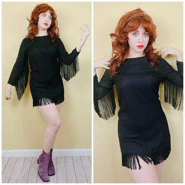 1960s Vintage Black Crepe Gogo Mini Dress / 60s Western Fringe Micro Mini / Medium 