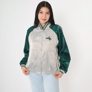 Vintage Nike Bomber Jacket Y2K Silver Satin Baseball Green Raglan Sleeve Sports Varsity Snap Up Streetwear 00s Retro Women's Small 4-6 