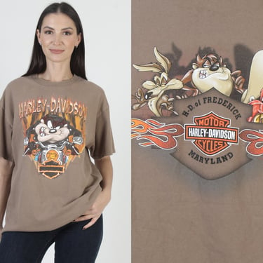 Harley Davidson Motorcylcles T-Shirt, Looney Tunes Graphic, Tazmanian Devil Print, Y2K Biker Tee 