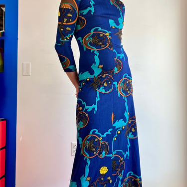 70’s Jasmine Italian Nylon Indigo Blue Psychedelic Deco Print Turtleneck Maxi Dress