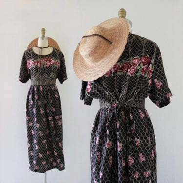 tie back black floral dress - vintage womens y2k 90s dark floral short sleeve long maxi dress 