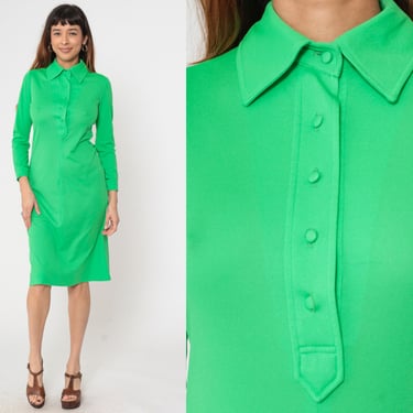 Vintage Lime Green Midi Dress 60s 70s Mod Dress Collar Shift Button Up Retro Long Sleeve Shirtdress Boho Saks Fifth Avenue 1970s Small 6 