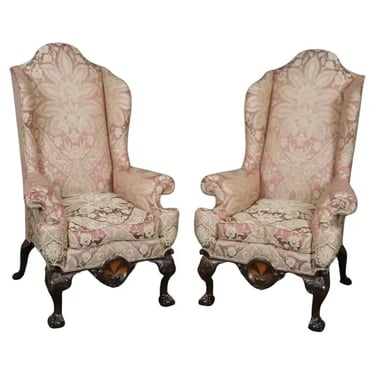 Large Scale Carved Mahogany Chippendale Wingback Lounge Chairs