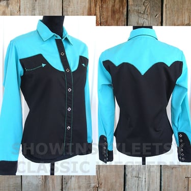 Vintage Retro Western Women's Shirt by Classic Western, Rodeo Queen Blouse, Turquoise & Black, Traditionally Designed, Tag Size Medium 