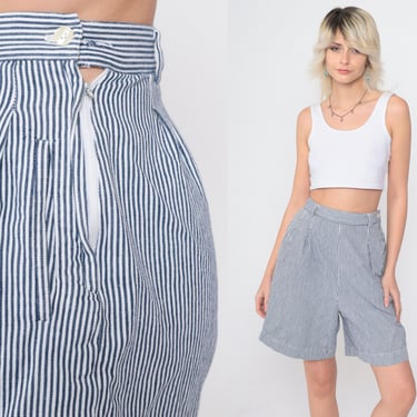 Striped Shorts 90s Pinstripe Trouser Shorts White Blue Retro High Waisted Rise Preppy Pleated Relaxed Wide Leg Shorts Vintage 1990s Small 26 