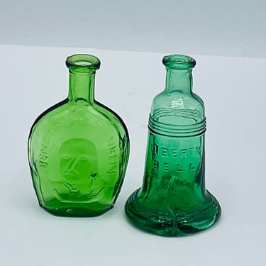 Vintage (2) Miniature Green Liberty Bell Bottle and Ben Franklin- Taiwan-3